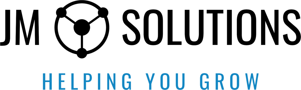 logo jm solutions z dopiskiem niebieskim